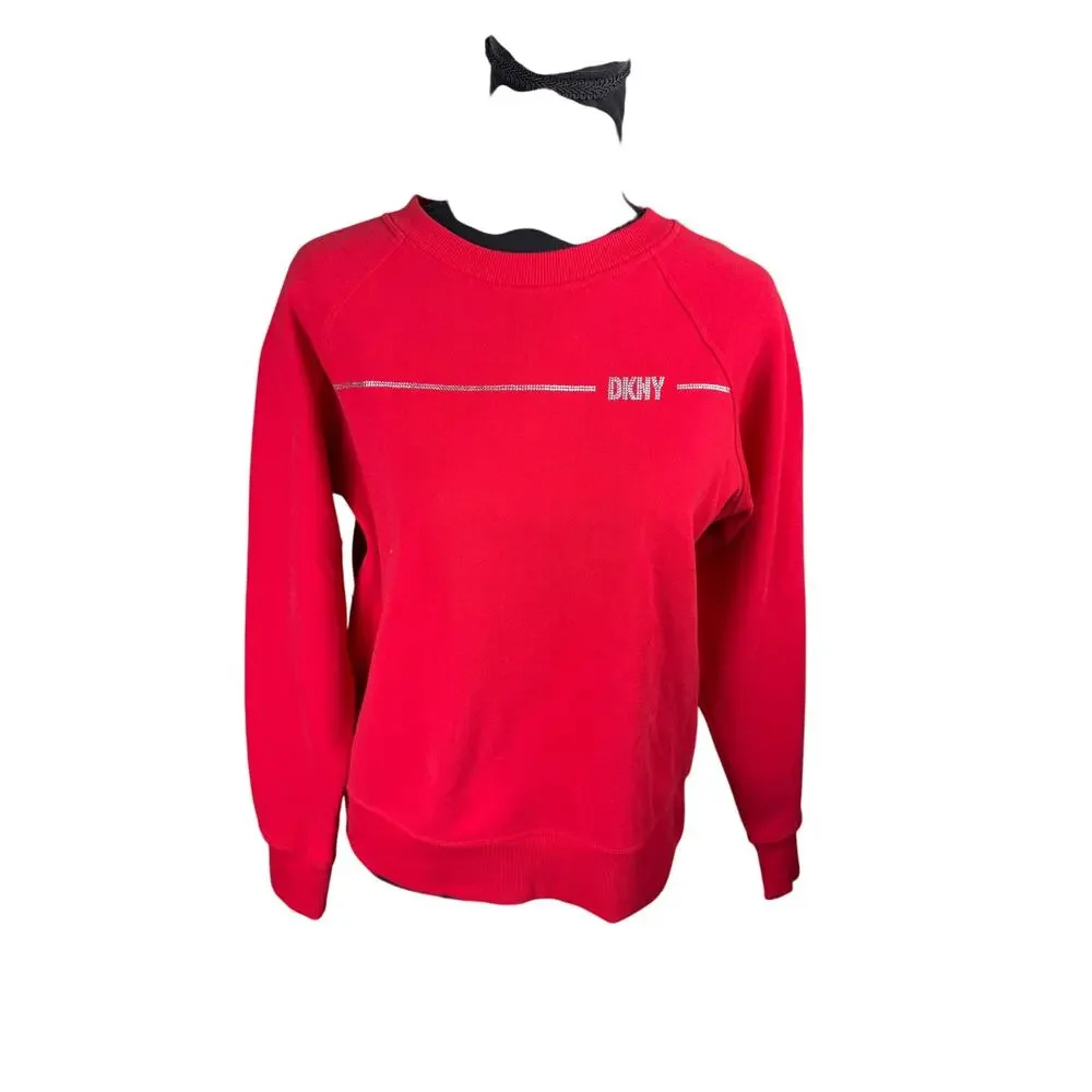DKNY Women's Rhinestone Logo Fleece Sweatshirt NWT RED SIZE XS - Picture 4 of 10